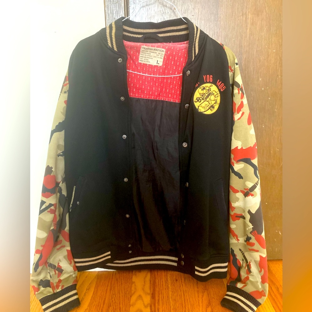 Parish Nation Mens 100% authentic L/S button varsity jacket Camo Patch logo rare